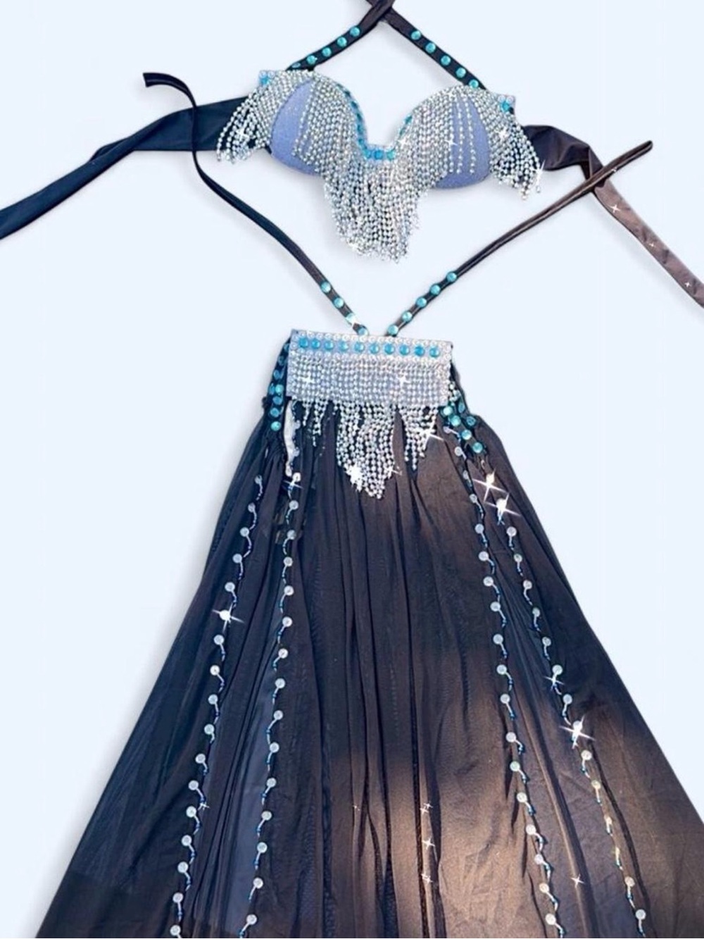 Embellished Rhinestone Fringe Belly dance Set in Black & Turquoise/ Silver - Picture 5 of 7